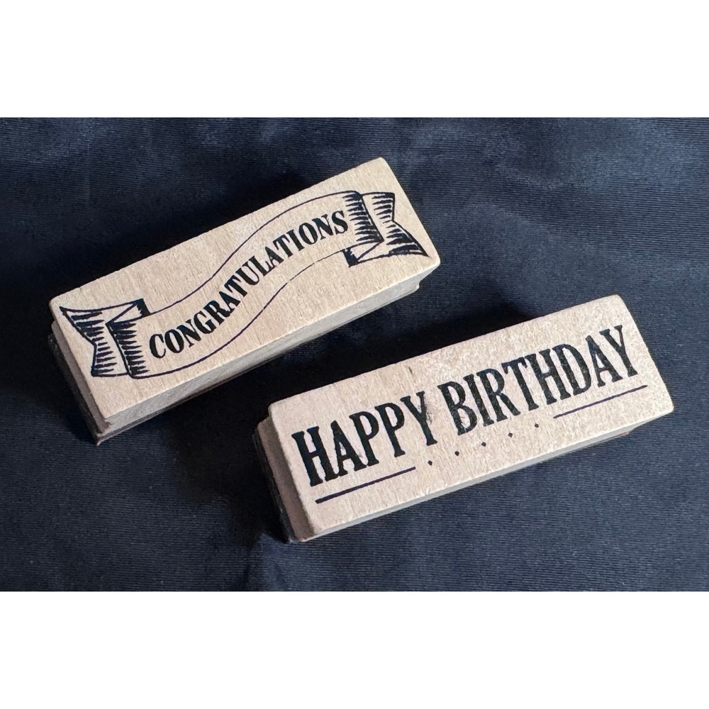 2pc Wood Mount Rubber Stamps Congratulations Banner Happy Birthday Paper Craft